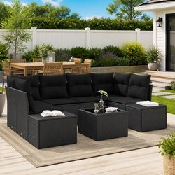 Outdoor Garden Sofa Set 8 Pieces Black Poly Rattan Modular Furniture with