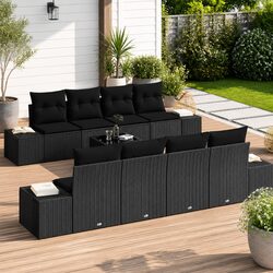 Outdoor Garden Sofa Set 8 Piece Black Poly Rattan Patio Furniture with Cushions
