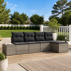 Grey Outdoor Garden Sofa Set 5 Piece Modular Poly Rattan Furniture with Storage