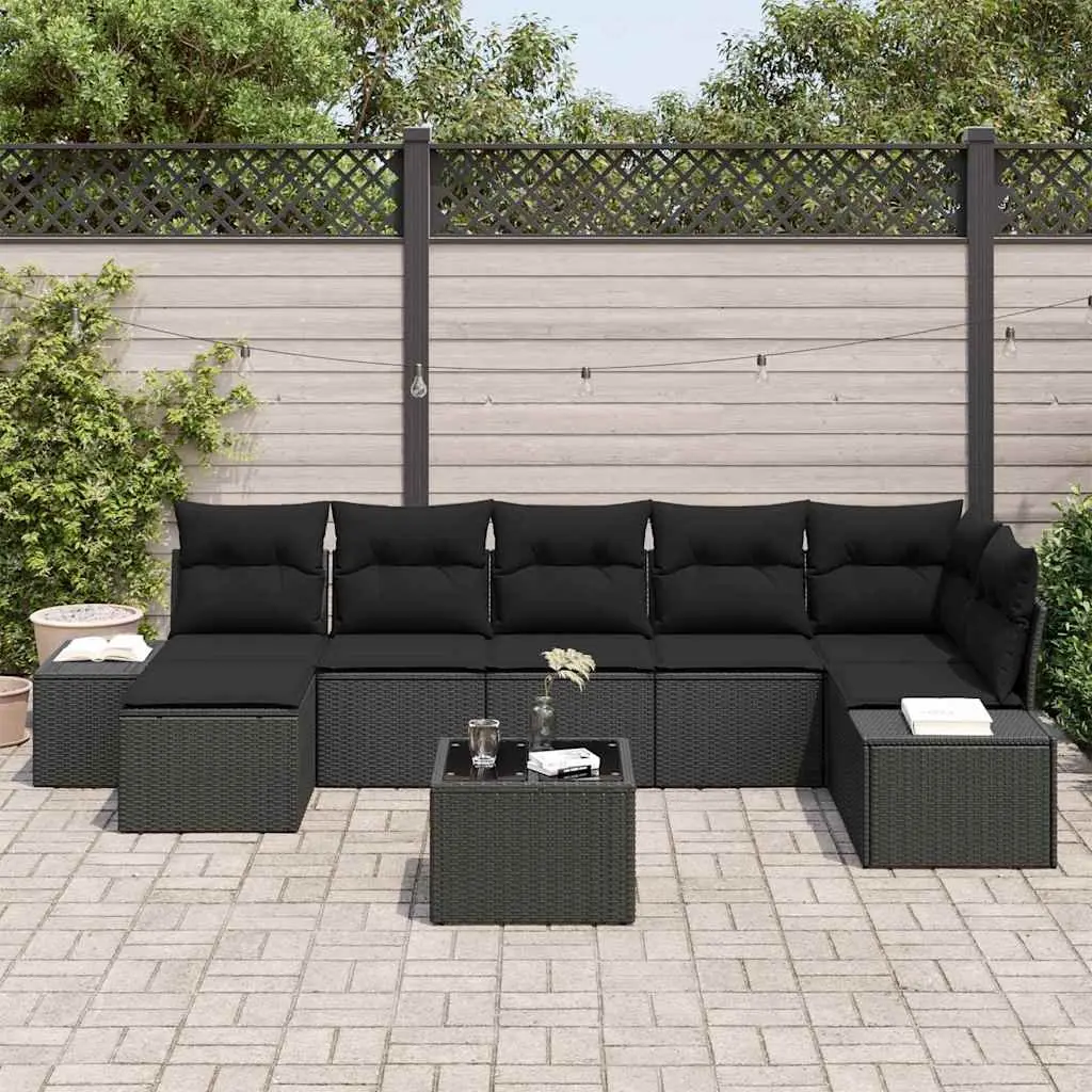 7 Piece Modular Sectional Outdoor Garden Sofa Set Black Poly Rattan with Adjustable Height Table