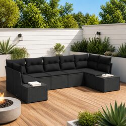 Outdoor Garden Sofa Set 7 Pieces Modular Black Poly Rattan Lounge with Storage