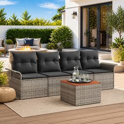 Outdoor Garden Sofa Set 5 Piece Modular Sectional Grey Poly Rattan Storage