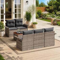 Outdoor Garden Sofa Set 6 Piece Modular Grey Poly Rattan with Storage Cushion