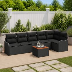 Garden Sofa Set 7pcs Modular Outdoor Furniture Black Poly Rattan Acacia Wood