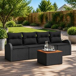 Garden Sofa Set Modular Outdoor Furniture 5 Piece Black Poly Rattan with Storage