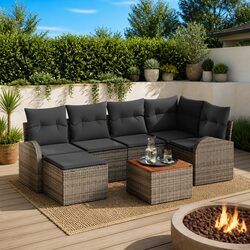 Garden Sofa Set 7 Piece Modular Outdoor Patio Furniture Grey Poly Rattan with