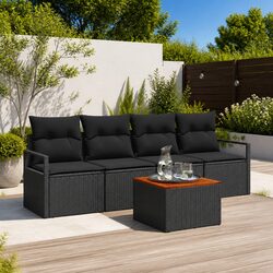 Garden Sofa Set Modular 5 Piece Outdoor Furniture Black Poly Rattan with Storage
