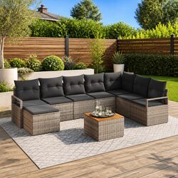 Modular Garden Sofa Set 9 Pieces Grey Poly Rattan Outdoor Furniture with Storage