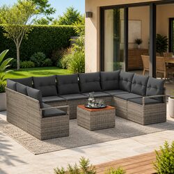 Modular Garden Sofa Set 10 Piece Outdoor Furniture Grey Poly Rattan with Storage