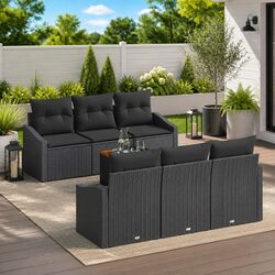 7-Piece Outdoor Garden Sofa Set Black Poly Rattan Modular Sectional with Storage