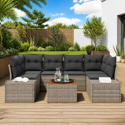 Garden Sofa Set Outdoor Furniture 7 Pcs Grey Poly Rattan With Storage Table