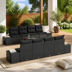 Garden Sofa Set 9 pcs Modular Outdoor Furniture Black Poly Rattan with Storage