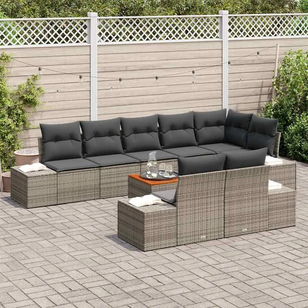 Outdoor Sofa Set 9 Pieces Grey PE Rattan with Storage and Adjustable Feet