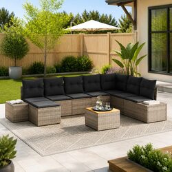 Garden Sofa Set 9 pcs Outdoor Furniture Grey Modular Poly Rattan Patio Seating