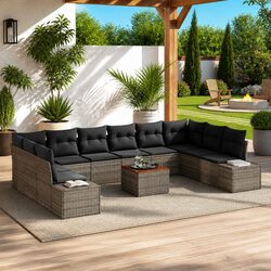 Outdoor Garden Sofa Set 11 Pcs Modular Furniture Rattan Steel Wood Grey