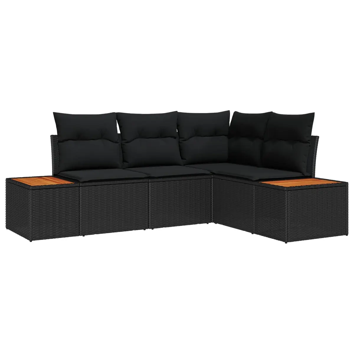 Modular Outdoor Garden Sofa Set 4 Piece Poly Rattan and Acacia Wood Seating with Cushions Black