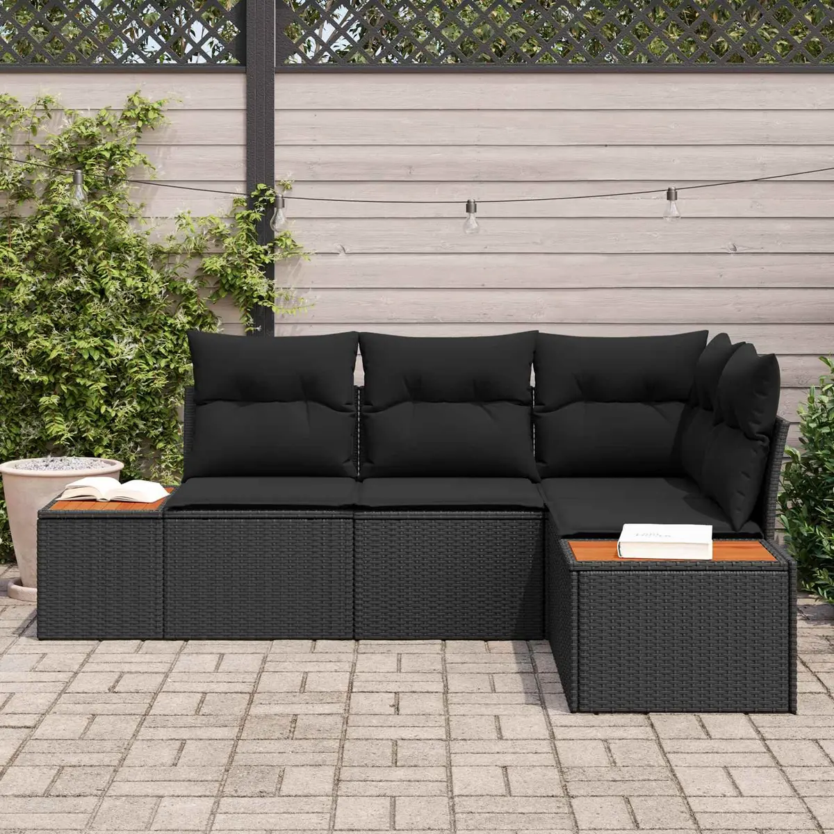 Modular Outdoor Garden Sofa Set 4 Piece Poly Rattan and Acacia Wood Seating with Cushions Black