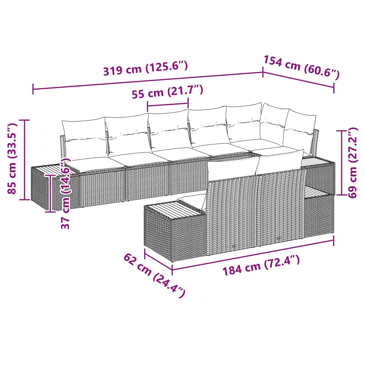 Outdoor Garden Sofa Set Modular 8 Piece Black Poly Rattan Patio Seating