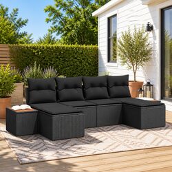 Outdoor Garden Sofa Set 6 Piece Modular Black Poly Rattan Patio Furniture with