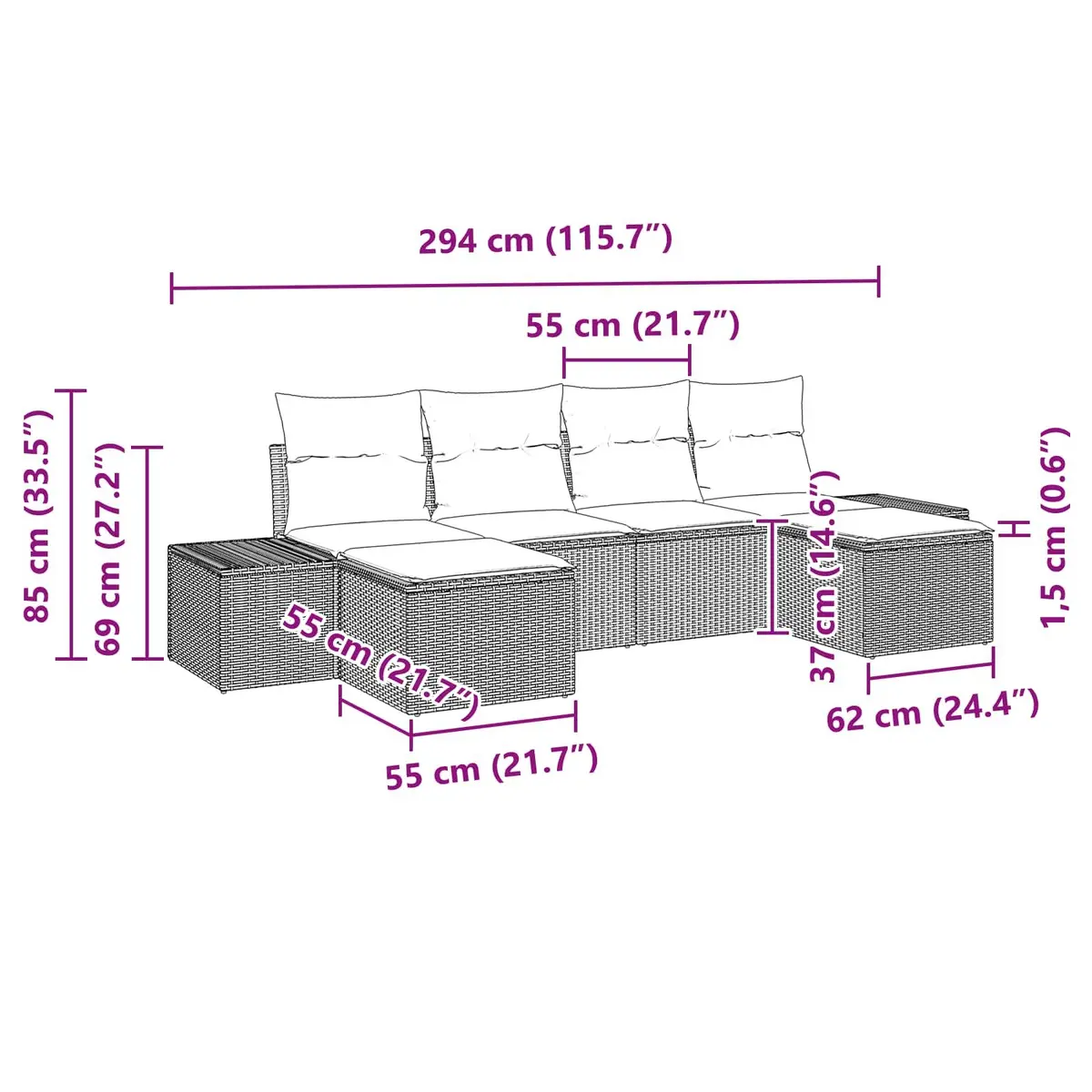 Outdoor Garden Sofa Set 6 Piece Modular Black Poly Rattan Patio Furniture with
