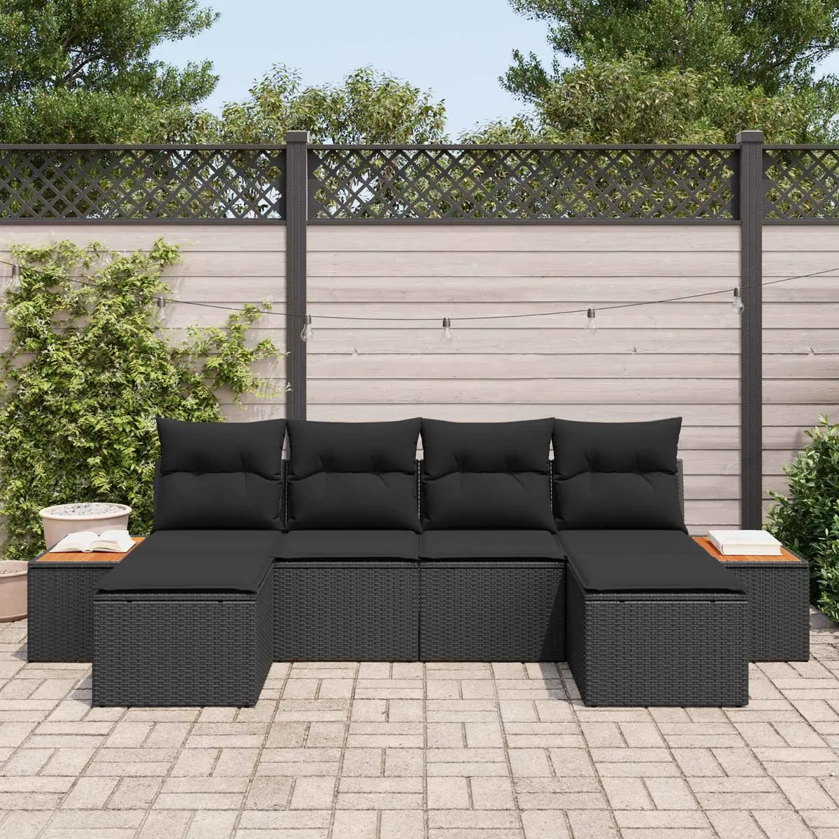 Outdoor Garden Sofa Set 6 Piece Modular Black Poly Rattan Patio Furniture with