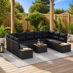 Garden Sofa Set 5 Pieces Black Poly Rattan Modular Outdoor Seating Cushions