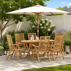 Garden Dining Set 7 Piece Brown Teak Wood Outdoor Furniture Table Chairs