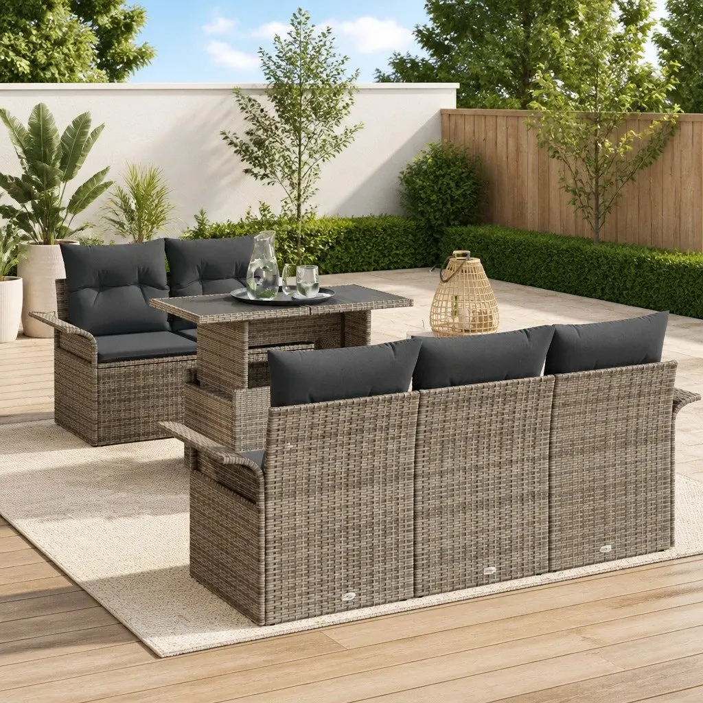 Modular Garden Sofa Set 6 Pieces Grey Poly Rattan Outdoor Furniture with