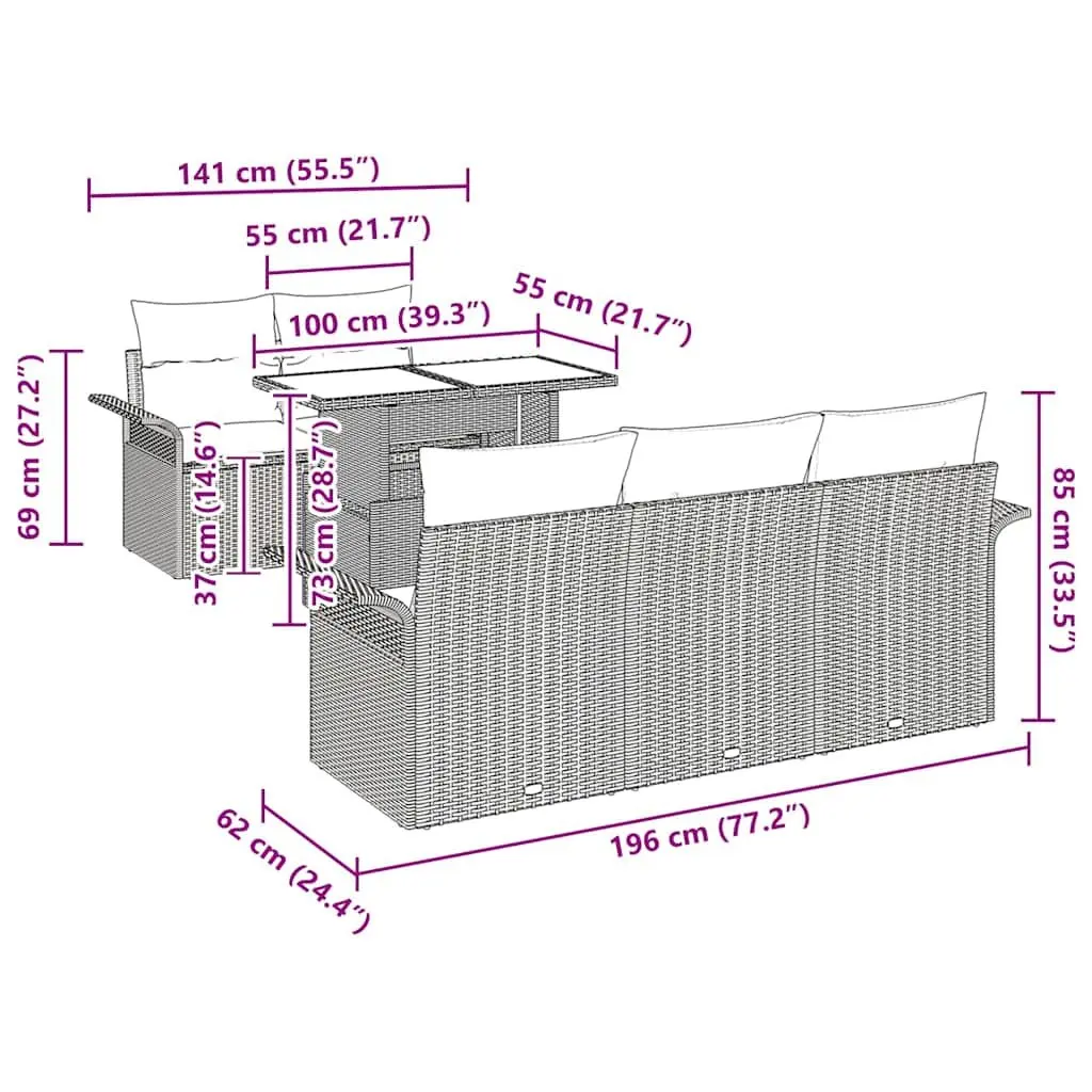 Modular Garden Sofa Set 6 Pieces Grey Poly Rattan Outdoor Furniture with