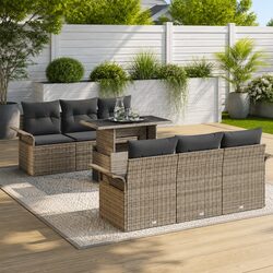 Modular Garden Sofa Set 7 Piece Grey Poly Rattan Outdoor Furniture with Cushions