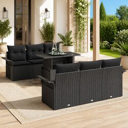 Garden Sofa Set 7 Pieces Modular Outdoor Furniture Black Poly Rattan Cushions