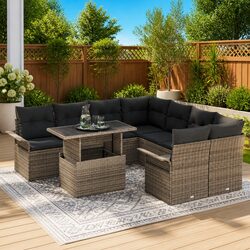 Modular Garden Sofa Set 9pcs Grey Poly Rattan Outdoor Furniture Patio Lounge