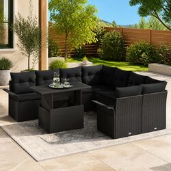 Garden Sofa Set Modular Outdoor Furniture 9 Pieces Black Poly Rattan Patio