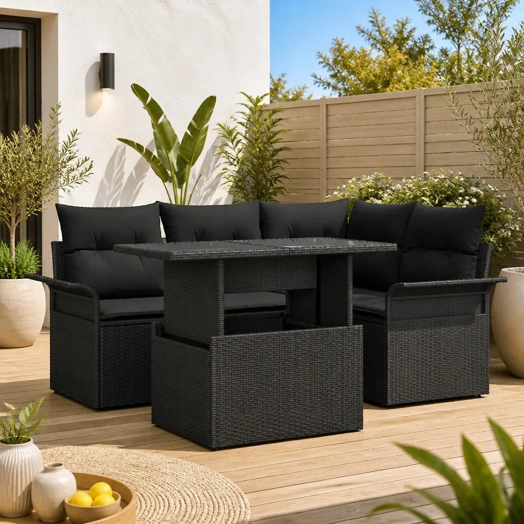 Modular Garden Sofa Set 5 Piece Black Poly Rattan with Cushions