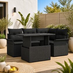 Outdoor Garden Sofa Set 5 Piece Modular Black Poly Rattan Lounge with Cushions