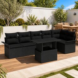 7-Piece Outdoor Garden Sofa Set with Cushions Black Poly Rattan Modular Lounge