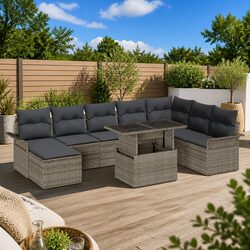 Garden Sofa Set 9 Pieces Modular Outdoor Patio Furniture Grey Rattan Steel Frame