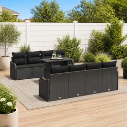 Modular Garden Sofa Set 9 Piece Black Poly Rattan Outdoor Patio Furniture with