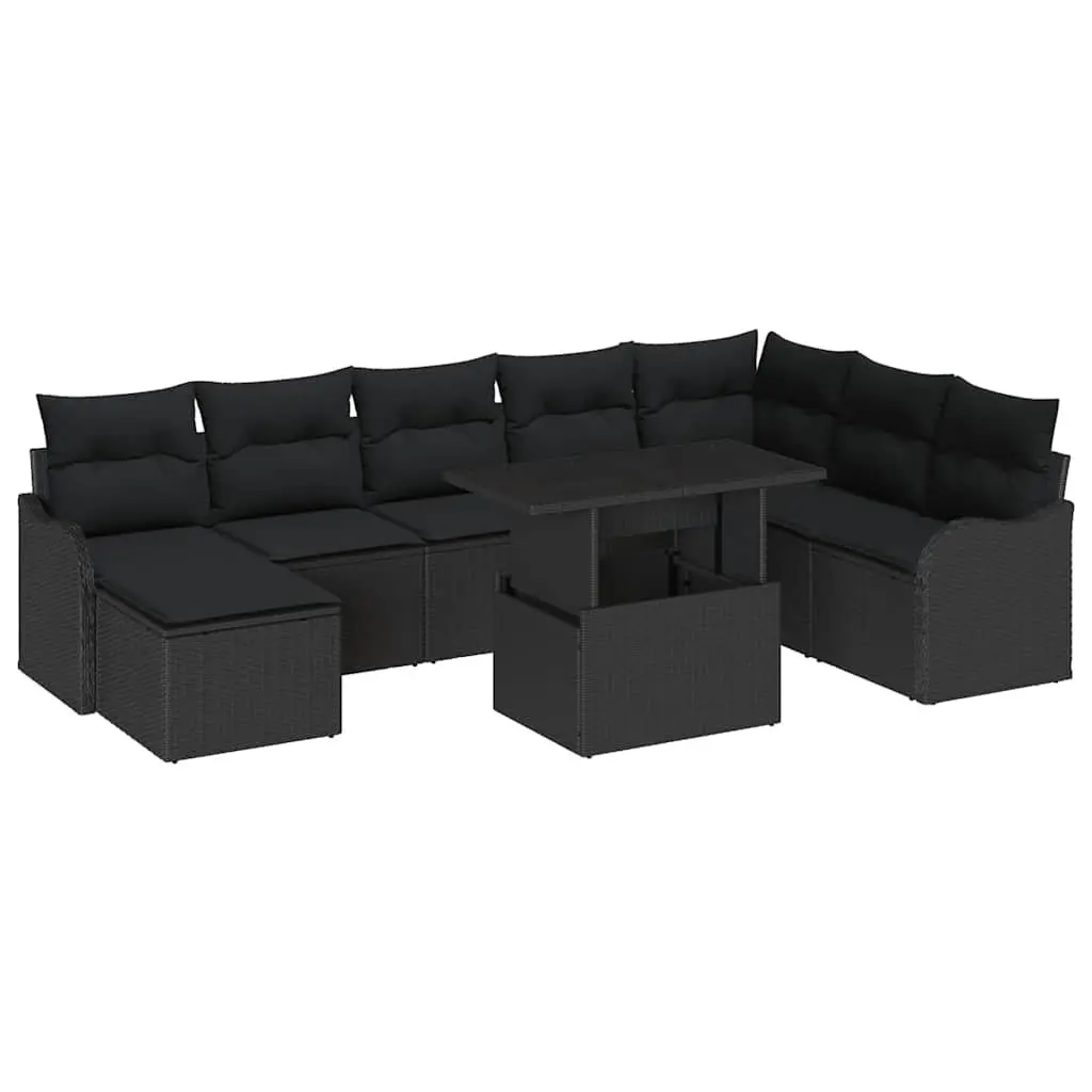 Outdoor Garden Sofa Set 9 Pieces Black Poly Rattan Modular Seating with Cushions