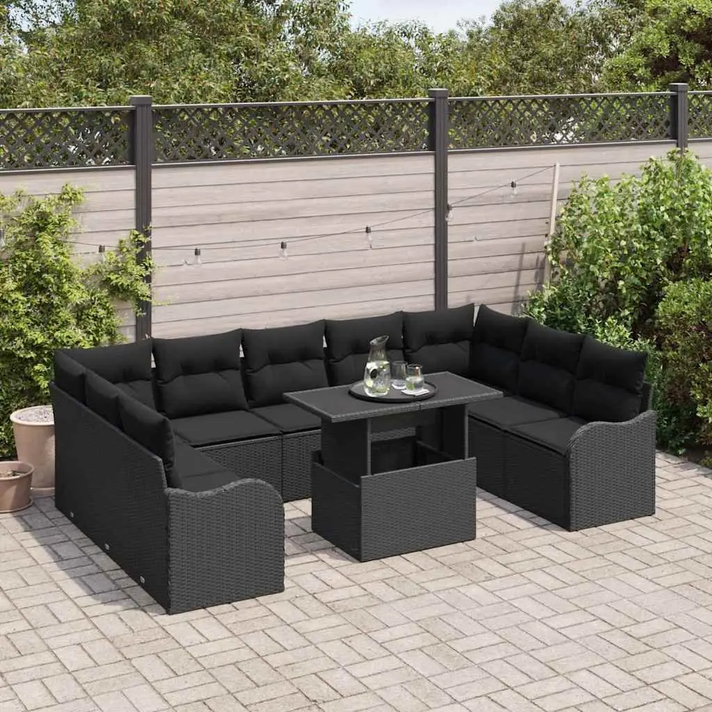 Modular Garden Sofa Set 10 Piece Black Poly Rattan Outdoor Seating with Cushions