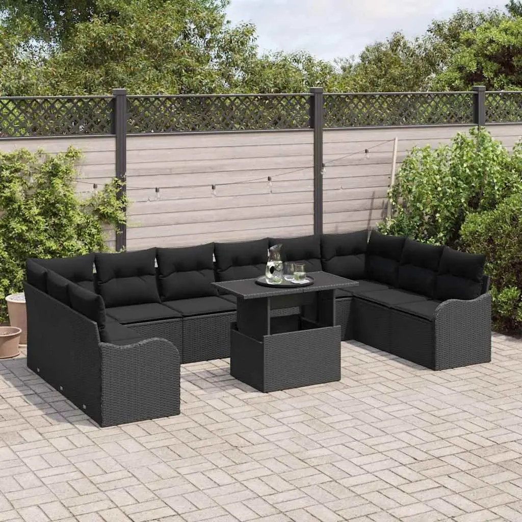 Modular Garden Sofa Set Black Poly Rattan with Weather Resistant Cushions 11 Pieces
