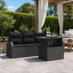 Outdoor Garden Sofa Set 5 Piece Modular Black Poly Rattan with Glass Top Table