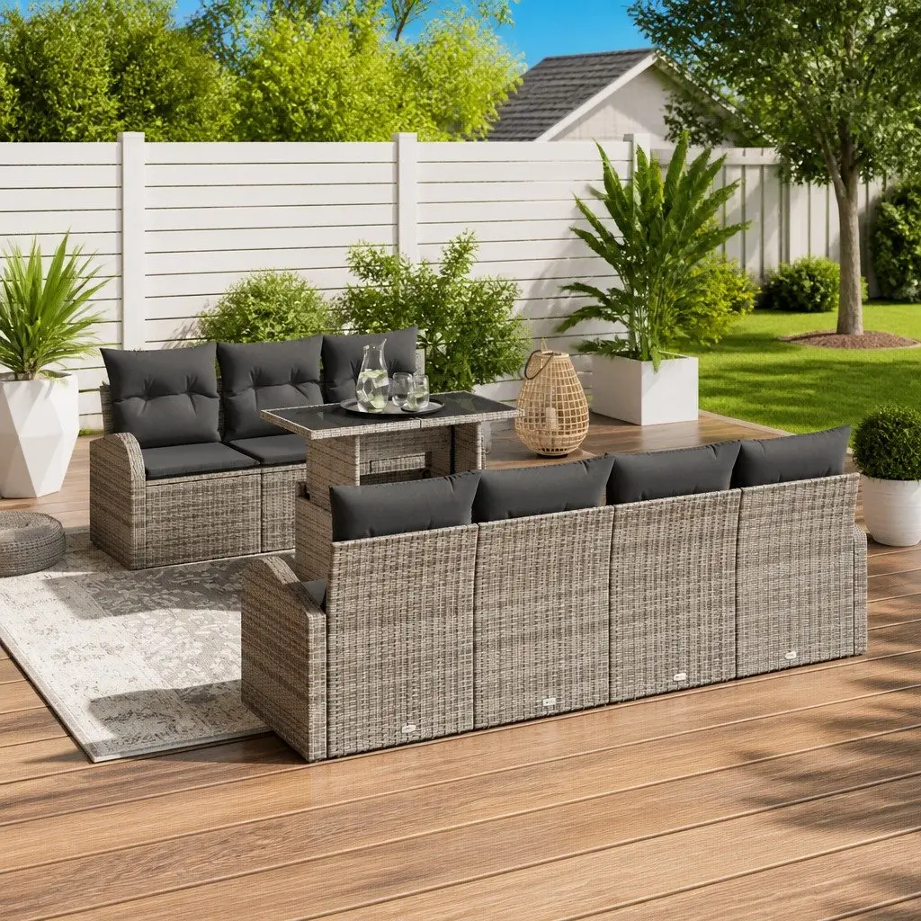 Garden Sofa Set Modular 8 Piece Grey Poly Rattan Outdoor Seating with Cushions