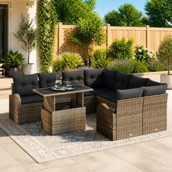 Outdoor Garden Sofa Set 9 Piece Modular Rattan Patio Furniture Grey Cushions