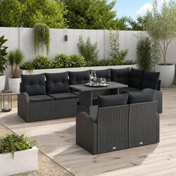 Garden Sofa Set 9pcs Modular Outdoor Furniture Black Poly Rattan with Cushions