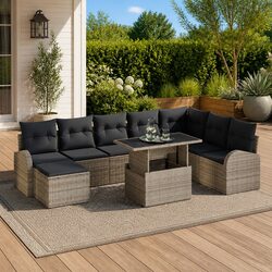 Garden Sofa Set 9 Pieces Grey Poly Rattan Modular Outdoor Furniture with