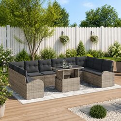 Garden Sofa Set 11 Pieces Modular Outdoor Furniture Grey Poly Rattan with Glass