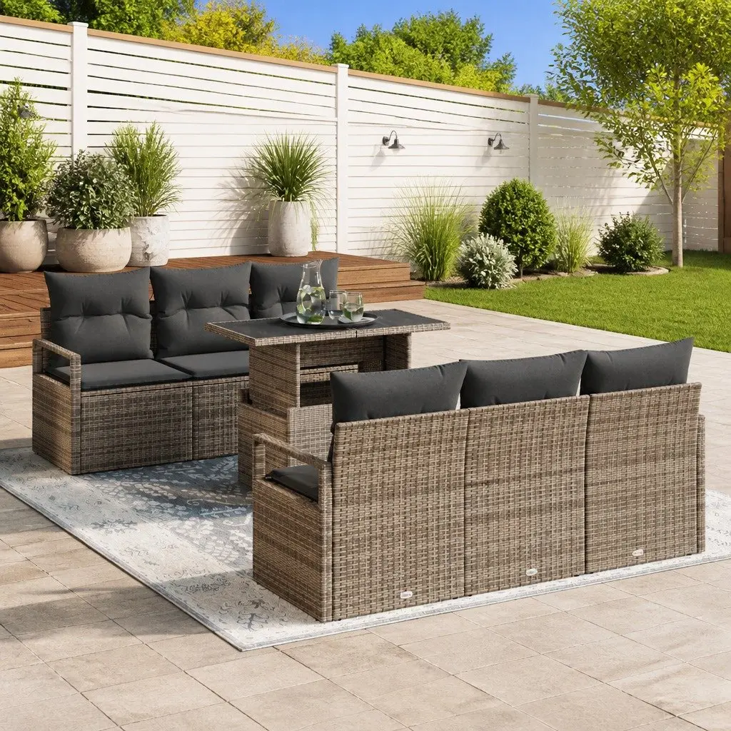 Modular Garden Sofa Set 7 Pieces Grey Poly Rattan Outdoor Furniture with