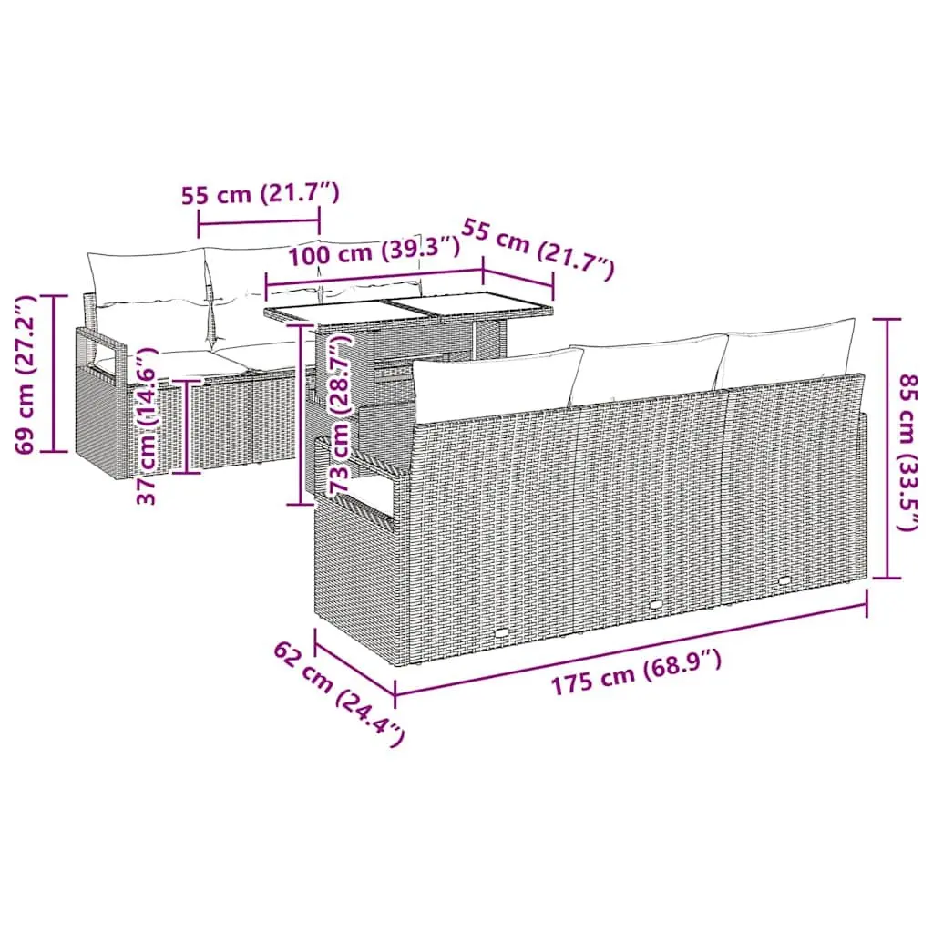 Modular Garden Sofa Set 7 Pieces Grey Poly Rattan Outdoor Furniture with