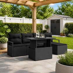 Outdoor Garden Sofa Set 6 Pieces Modular Black Poly Rattan Furniture with